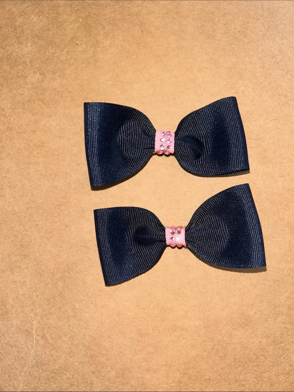 Navy Bow Hair Clips with Pink Rhinestone Center - Kids Accessories